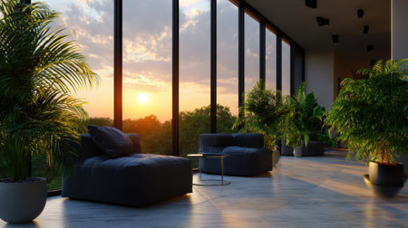 A cozy modern living space featuring large windows that frame a stunning sunset. Lush greenery and comfortable seating create a tranquil atmosphere perfect for relaxation.の素材