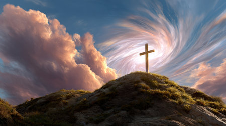 A stunning view of a cross atop a hill illuminated by a dramatic sunrise. Vibrant clouds swirl in the sky, evoking feelings of peace and spirituality.の素材