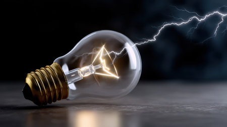 A stunning close-up of a light bulb emitting electric sparks surrounded by dramatic lightning effects. A perfect representation of energy and innovation.の素材