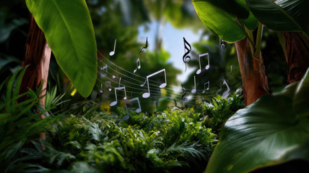 A captivating forest scene featuring lush greenery and floating musical notes, creating a tranquil atmosphere that embodies the beauty of nature and sound.の素材