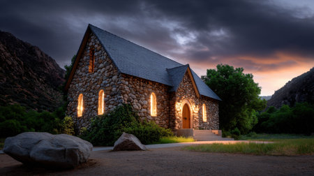 A picturesque stone church nestled in lush greenery at dusk, showcasing serene surroundings, soft lighting, and a tranquil atmosphere, perfect for nature lovers.の素材