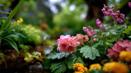A stunning close-up of vibrant flowers adorned with raindrops, showcasing nature's beauty in a lush, serene garden environment. Perfect for seasonal themes.の素材