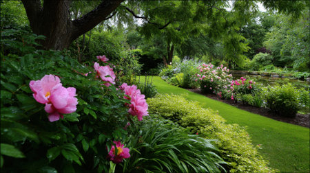 Discover a serene garden pathway adorned with vibrant pink flowers and rich greenery. The tranquil scene invites relaxation and a connection to nature.の素材