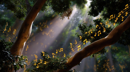A serene forest scene with sunlight streaming through leafy branches, accompanied by floating musical notes. This enchanting atmosphere evokes a sense of calm and inspiration.の素材