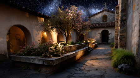 A tranquil courtyard adorned with blooming flowers and a beautiful night sky filled with stars, showcasing a serene atmosphere and historic charm.の素材