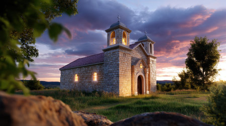 A picturesque stone church bathed in warm sunset light, nestled in a tranquil landscape. Lush greenery and dramatic clouds enhance the serene atmosphere.の素材