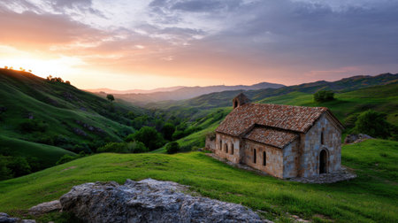 A tranquil countryside scene featuring a historic church set against rolling hills at sunset. The picturesque landscape showcases natural beauty and peaceful surroundings.の素材