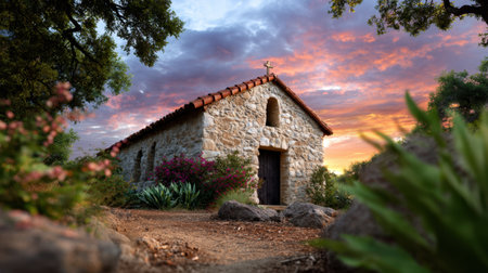 A picturesque stone cottage nestled in nature, bathed in a warm sunset glow. This serene scene features vibrant flowers and lush greenery, perfect for evoking feelings of tranquility.の素材