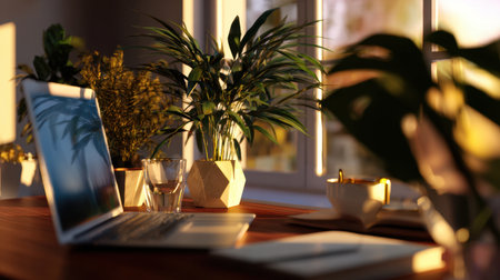 A serene workspace capturing a laptop surrounded by vibrant indoor plants. Sunlight filters through the window, creating a warm, inviting ambiance perfect for productivity and relaxation.の素材
