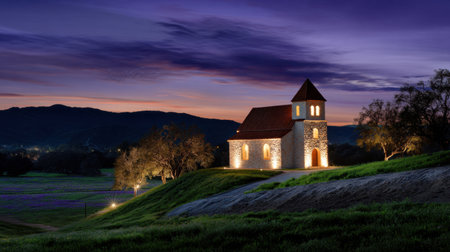 A beautiful historic stone church shines under a serene evening sky. Surrounded by lush greenery and gentle hills, this picturesque scene captures the tranquility of nature at sunset.の素材