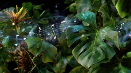 Lush green leaves with whimsical musical notes floating above, creating a harmonious blend of nature and art. Perfect for designs centered on tranquility and creativity.の素材