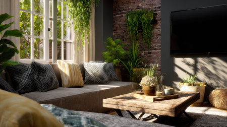 A cozy modern living room featuring a comfortable sofa adorned with pillows, a wooden coffee table, and vibrant indoor plants, illuminated by natural light.の素材