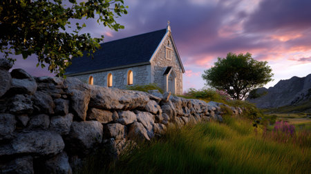 A charming stone church stands peacefully at sunset, framed by a lush landscape, creating a serene atmosphere surrounded by nature. Perfect for a tranquil setting.の素材