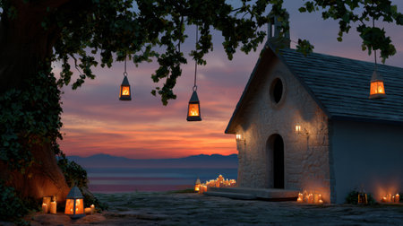 A peaceful sunset fills the sky with warm hues, illuminating a cozy cottage adorned with lanterns and candles. This serene landscape invites relaxation and calm.の素材