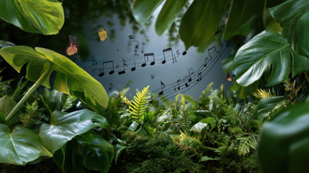 A lush tropical scene features vibrant leaves intertwined with music notes and colorful butterflies. This enchanting image evokes peace, harmony, and beauty in nature.の素材