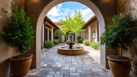 A serene courtyard features an elegant fountain surrounded by lush greenery and stone pathways, perfect for relaxation and outdoor enjoyment under the sunlight.の素材