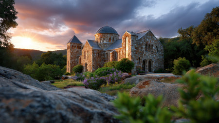 Experience the captivating beauty of a stone monastery at sunset. This serene setting showcases stunning architecture amidst vibrant nature, perfect for relaxation and inspiration.の素材