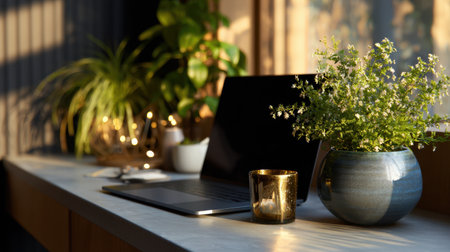 A cozy workspace featuring a laptop, indoor plants, and a stylish candle surrounded by warm natural light. Ideal for inspiration and productivity.の素材