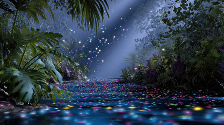 Experience a serene scene of an enchanted river illuminated with colorful reflections and magical lights, surrounded by lush greenery in a tranquil environment.の素材