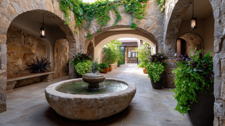 Discover a tranquil courtyard featuring stunning stone architecture, a serene fountain, and lush greenery. This inviting outdoor space promotes relaxation and beauty.の素材