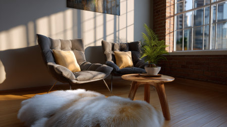 This image showcases a cozy modern living room featuring stylish chairs and abundant natural light, creating a serene and inviting atmosphere perfect for relaxation.の素材