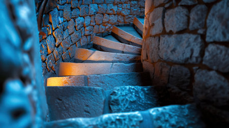 Explore the captivating ambiance of an ancient stone staircase illuminated by soft blue light, revealing intricate textures and shadows of history.の素材