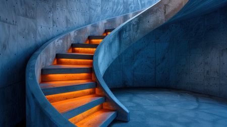 A stunning image showcasing a curved staircase with soft orange lighting, set against a backdrop of sleek concrete walls. This modern architectural design exudes elegance and tranquility, inviting viewers to explore its unique geometry.の素材