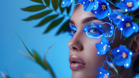 Stunning portrait of a woman adorned with vibrant blue flowers and glowing makeup features, capturing a unique blend of beauty and nature.の素材