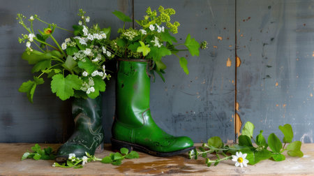 Bright green rubber boots serve as charming flower pots, overflowing with fresh greenery and blooms. This delightful display reflects rustic beauty and creativity.の素材