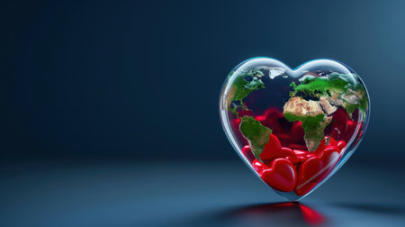 This stunning image features a heart-shaped glass container holding a globe adorned with red hearts, symbolizing love for the planet and unifying humanity in caring for Earth.の素材