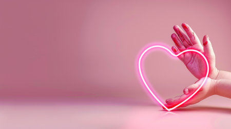 Two hands gently hold a glowing neon heart against a soft pink background, symbolizing love and affection in a modern and artistic way.の素材