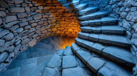 A captivating view of a spiral stone staircase showcasing a blend of warm and cool lighting. The intricate stonework and curves create a mesmerizing visual journey.の素材