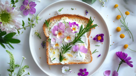 Vibrant artisan bread topped with edible flowers and creamy spread, beautifully presented on a white plate, surrounded by blooming flora for an enchanting dining experience.の素材