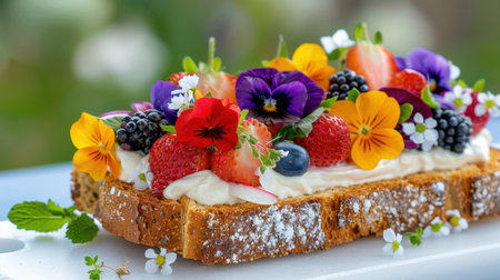 A beautifully arranged slice of vintage bread topped with creamy frosting, fresh berries, and vibrant edible flowers, perfect for summer gatherings.の素材
