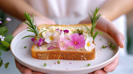 A stunning plate featuring a slice of toast topped with vibrant edible flowers and fresh herbs, ideal for a spring brunch or gourmet presentation.の素材