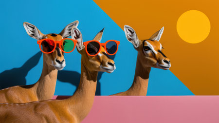 This image features three antelopes adorned with trendy sunglasses, striking a playful pose against a colorful, geometric background. The vibrant scene captures a unique blend of wildlife and fashion, creating a fun and lively atmosphere perfect for summer themes.の素材