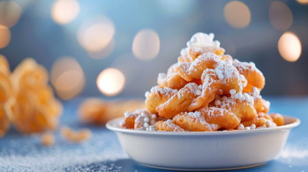 A beautifully arranged plate of churros dusted with powdered sugar, topped with creamy whipped cream, set against a softly blurred background that enhances its appeal.の素材