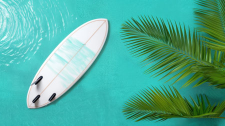 A serene image showcasing a surfboard floating gently in turquoise water, framed by lush green palm leaves. This tropical scene invites relaxation and adventure.の素材