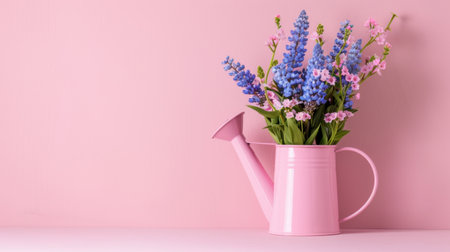 A charming pink watering can holds a delightful mix of blue and pink flowers, set against a soft pink backdrop, symbolizing beauty and freshness.の素材