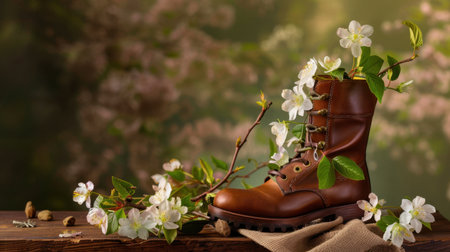 A vintage leather boot adorned with fresh flowers and greenery rests on a rustic wooden surface, creating a charming and tranquil scene that celebrates nature's beauty.の素材