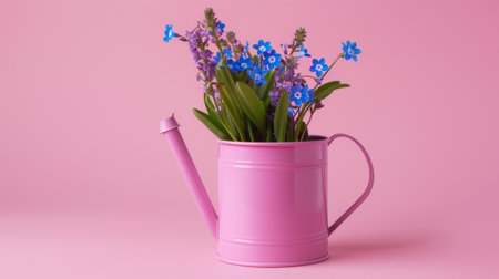 This charming composition features a pink watering can filled with delicate blue flowers against a soft pink background, perfect for spring-inspired decor.の素材