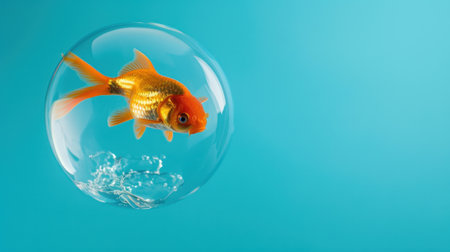 A vibrant goldfish swims gracefully inside a transparent bubble, surrounded by sparkling water against a bright blue backdrop, evoking joy and tranquility.の素材