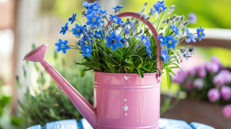 A pink watering can brimming with blue flowers brings a cheerful touch to any outdoor space, perfect for garden enthusiasts and home decorators.の素材