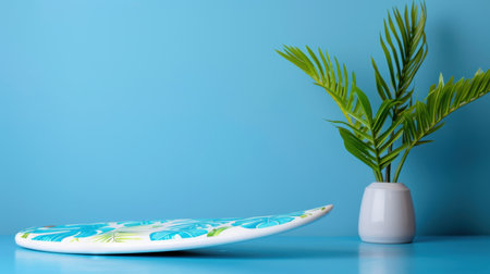 A vibrant tropical surfboard rests on a striking blue background, accompanied by a fresh plant in a white vase, symbolizing summer and beach lifestyle.の素材