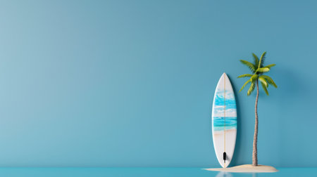 A bright surfboard rests on the sand beside a tall palm tree, evoking a tranquil beach paradise. The clear blue sky and turquoise water enhance the serene vibe of a summer getaway.の素材