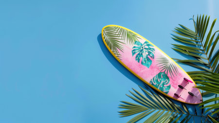 This image features a vibrant surfboard adorned with tropical leaves against a bright blue backdrop, evoking feelings of summer, adventure, and beach relaxation.の素材