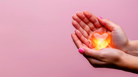 A pair of hands gently cradles a glowing heart symbol, radiating warmth and love, set against a soft pink background, capturing the essence of care and emotion.の素材