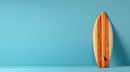 A vintage wooden surfboard features colorful stripes and leans against a bright blue wall. This image evokes a sense of summer adventure and relaxation.の素材