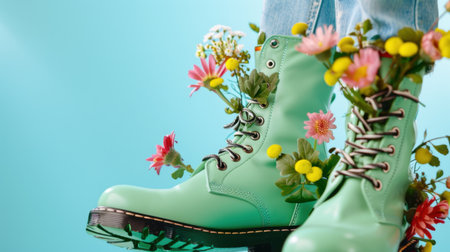 Bright green boots adorned with colorful flowers create a harmonious blend of nature and fashion. A playful design set against a vivid blue backdrop.の素材