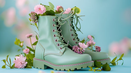 Eye-catching green boots adorned with vibrant flowers create a stunning composition, perfect for highlighting fashion trends and natural beauty.の素材